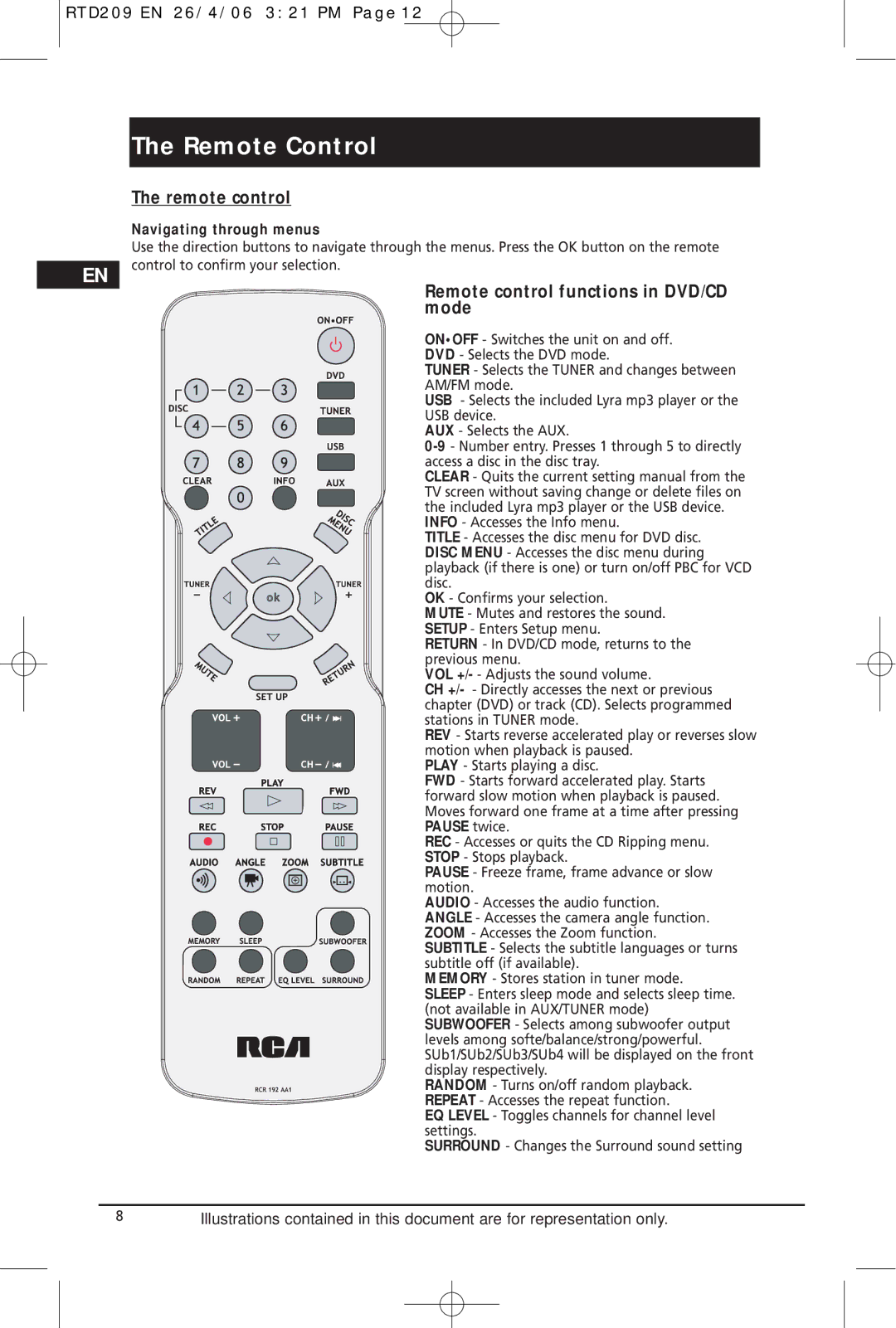 Home Theater Direct RTD209 manual Remote Control, Remote control functions in DVD/CD mode, Navigating through menus 