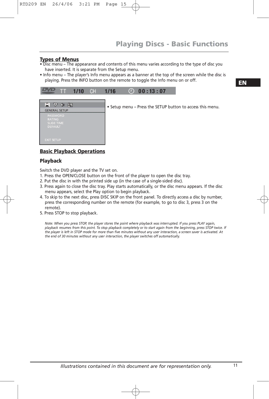 Home Theater Direct RTD209 manual Playing Discs Basic Functions, Types of Menus, Basic Playback Operations 