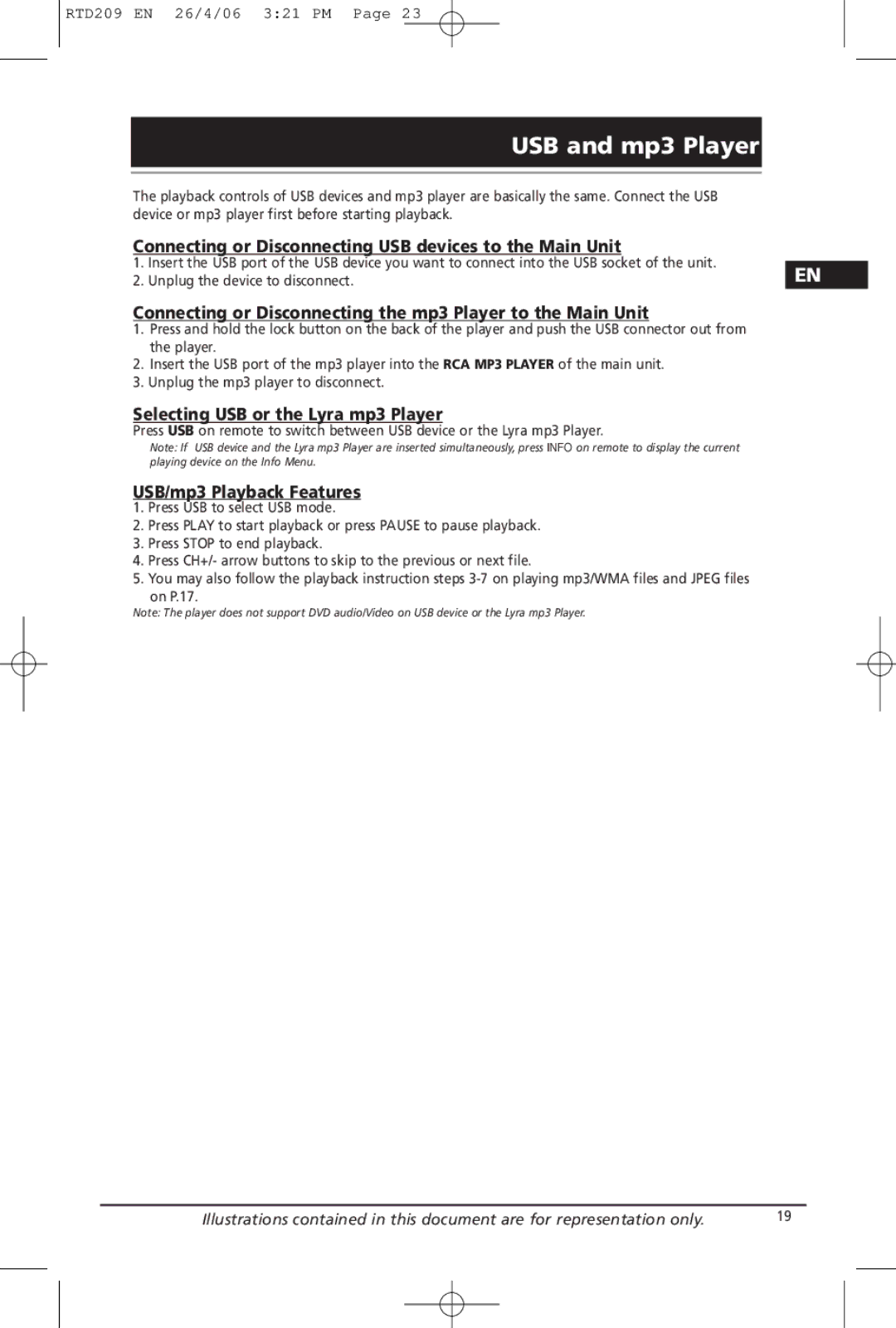 Home Theater Direct RTD209 manual USB and mp3 Player, Connecting or Disconnecting USB devices to the Main Unit 