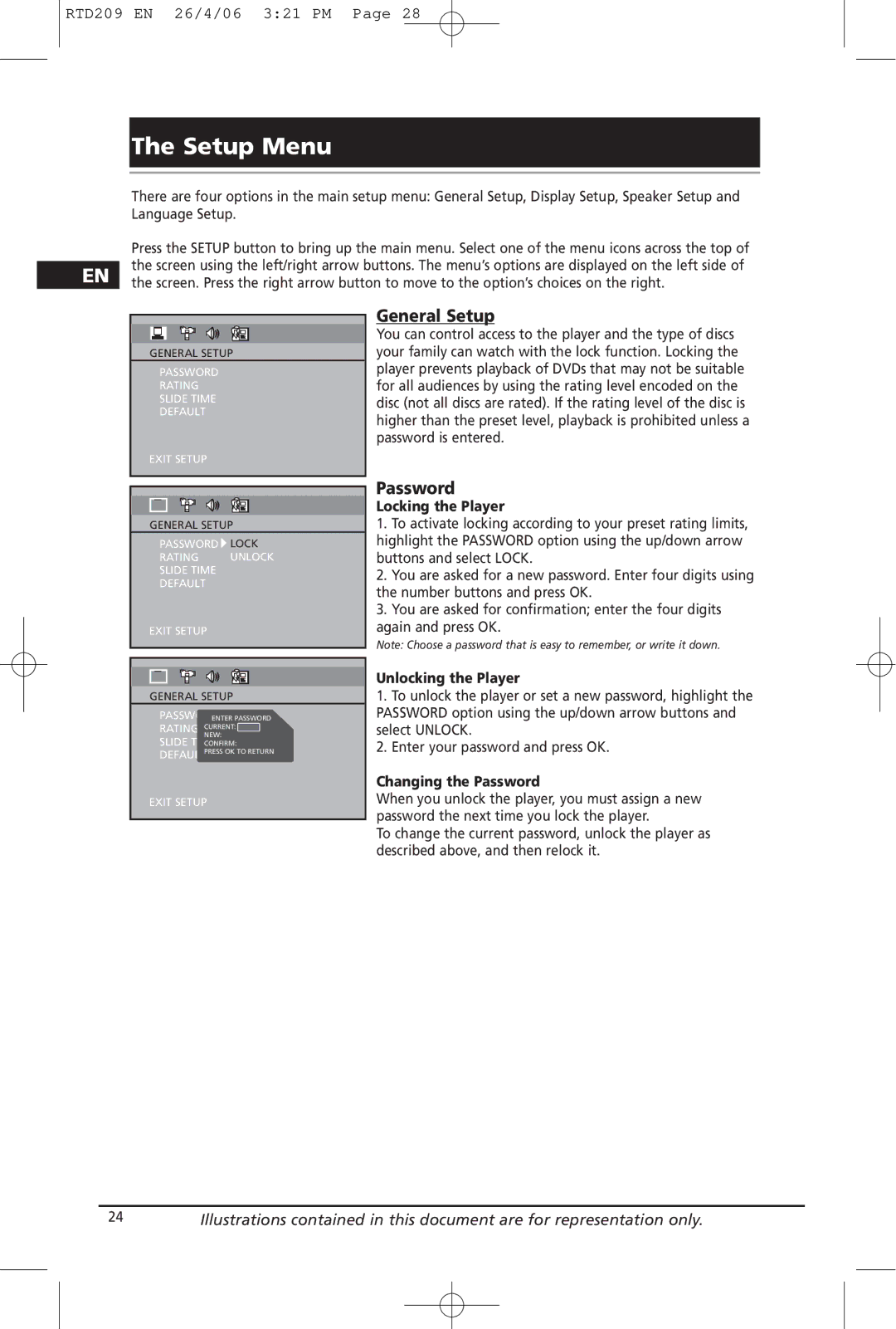 Home Theater Direct RTD209 manual Setup Menu, General Setup, Password 