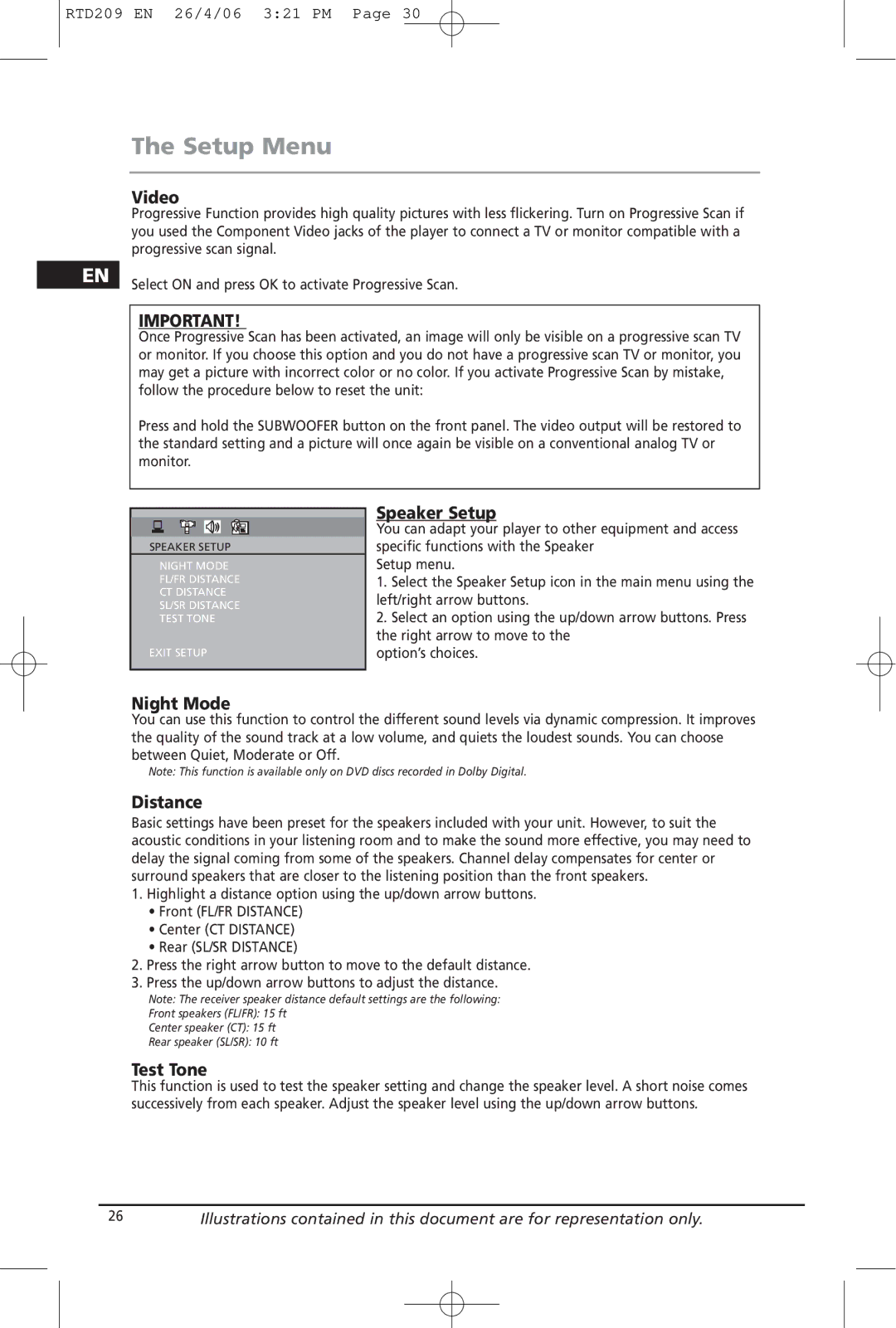 Home Theater Direct RTD209 manual Video, Speaker Setup, Night Mode, Distance, Test Tone 