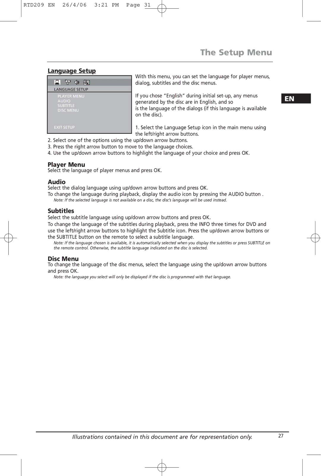 Home Theater Direct RTD209 manual Language Setup, Player Menu, Audio, Subtitles, Disc Menu 