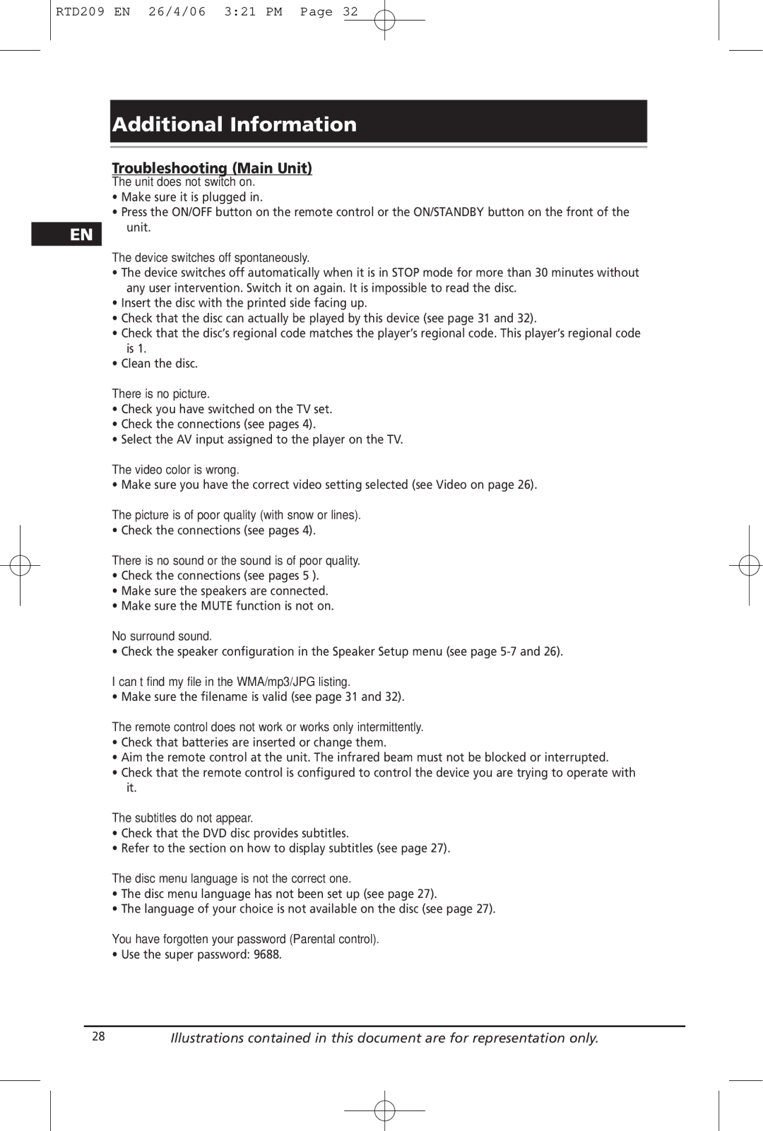 Home Theater Direct RTD209 Additional Information, Troubleshooting Main Unit, Make sure the filename is valid see page 31 