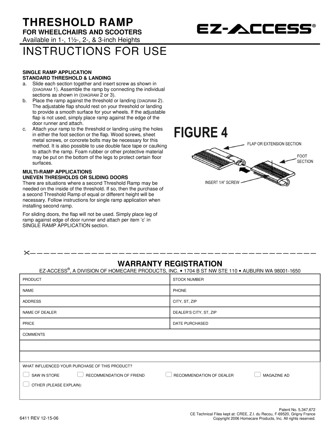 Homecare Enterprise Mobility Aid manual Warranty Registration, Single Ramp Application Standard Threshold & Landing 