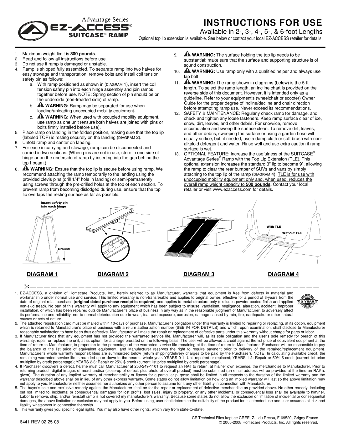 Homecare Enterprise Suitcase Ramp manual Instructions for USE, Available in 2-, 3-, 4-, 5-, & 6-foot Lengths, Diagram 