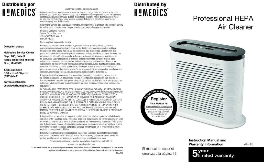 HoMedics AR-10 instruction manual Warranty Information, Correo electrónico cservice@homedics.com 