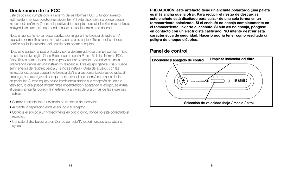 HoMedics AR-10 instruction manual Declaración de la FCC, Panel de control, Selección de velocidad bajo / medio / alto 