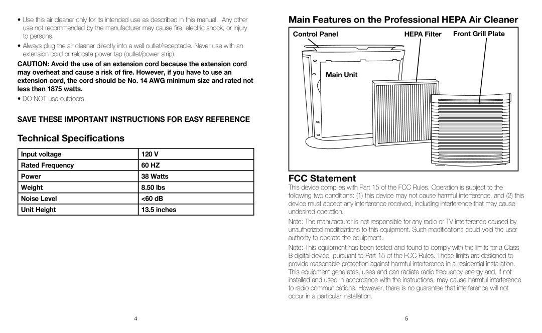 HoMedics AR-10 Technical Specifications, Main Features on the Professional Hepa Air Cleaner, FCC Statement 