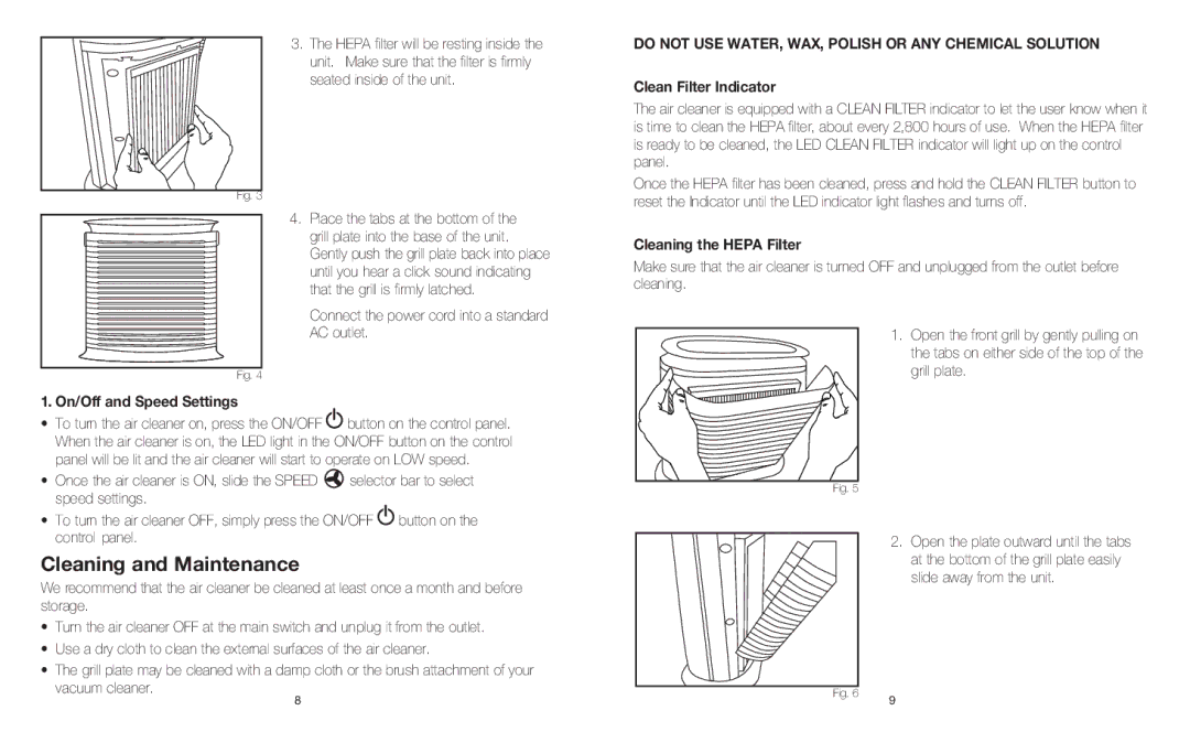 HoMedics AR-10 Cleaning and Maintenance, On/Off and Speed Settings, Do not USE WATER, WAX, Polish or ANY Chemical Solution 