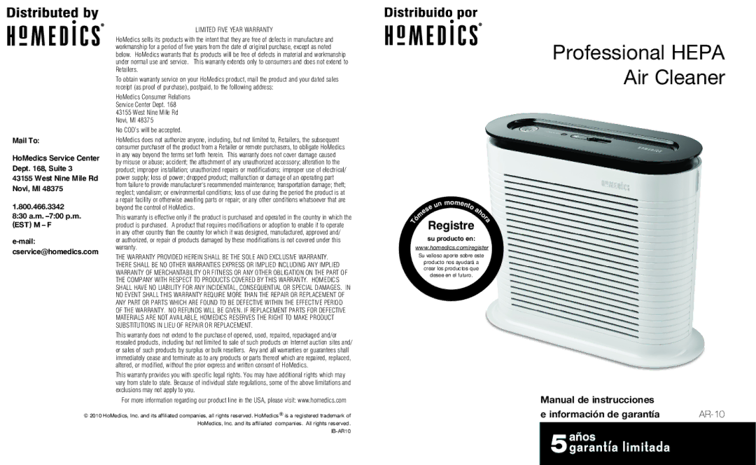 HoMedics instruction manual Manual de instrucciones, Información de garantía AR-10 