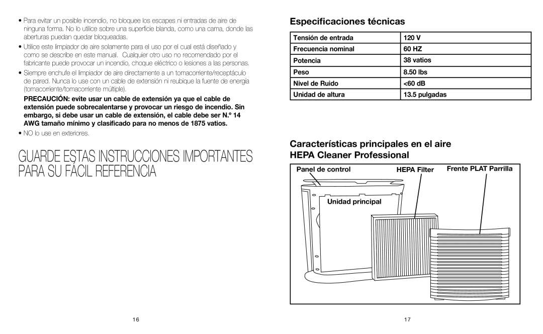 HoMedics AR-10 instruction manual Especificaciones técnicas 