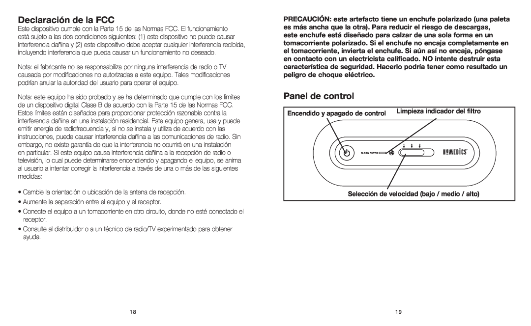 HoMedics AR-10 Declaración de la FCC, Panel de control, Encendido y apagado de control, Limpieza indicador del filtro 
