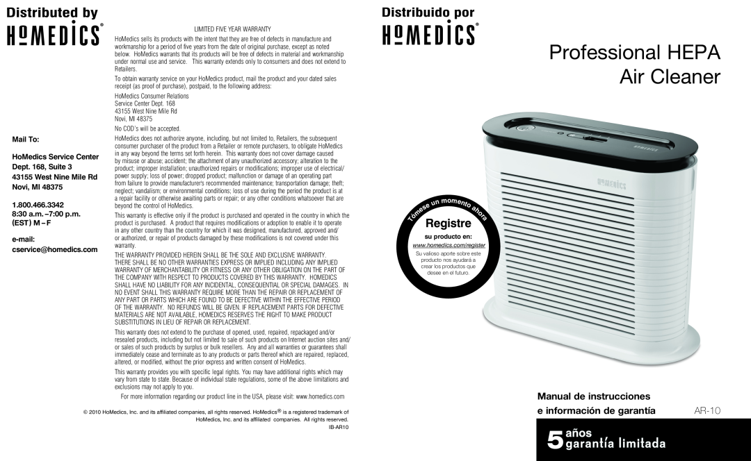 HoMedics AR-10 Manual de instrucciones, e información de garantía, Professional HEPA Air Cleaner, Registre, su producto en 