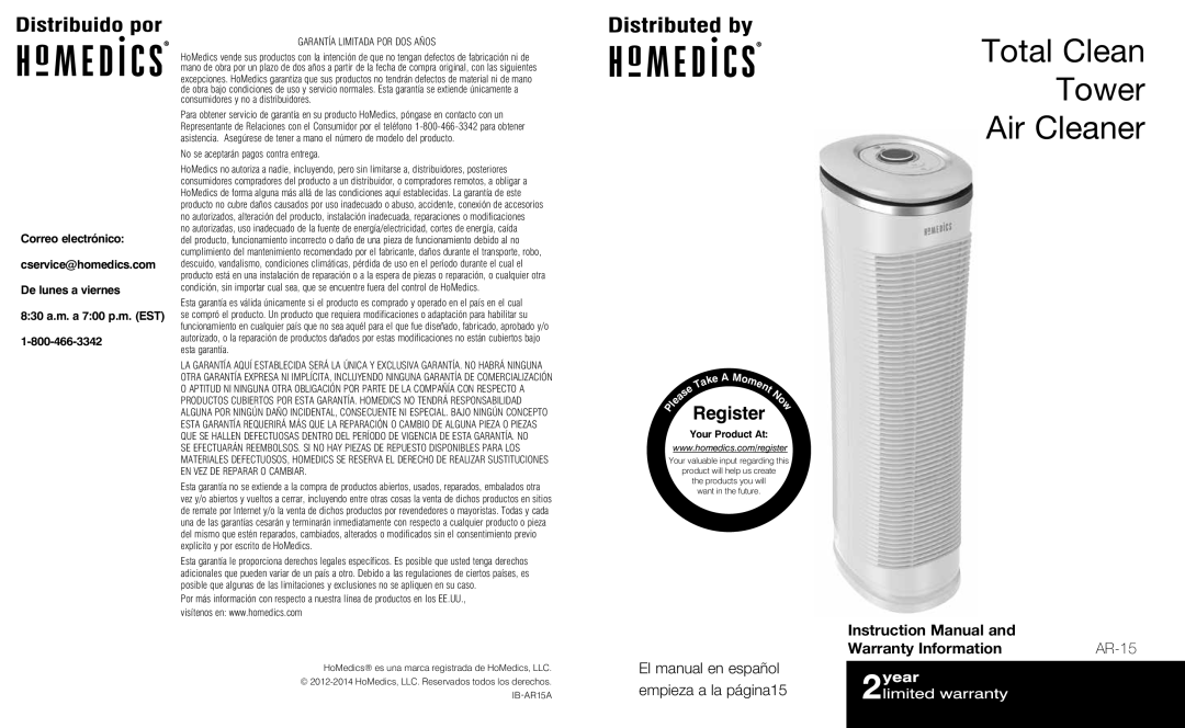 HoMedics AR-15 instruction manual Warranty Information, Garantía limitada por DOS años 