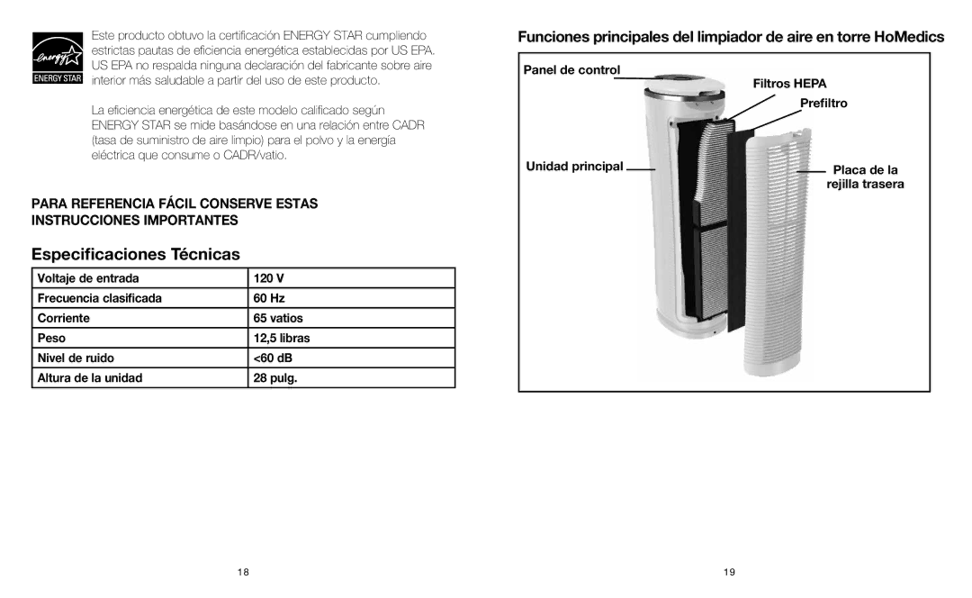 HoMedics AR-15 instruction manual Especificaciones Técnicas 