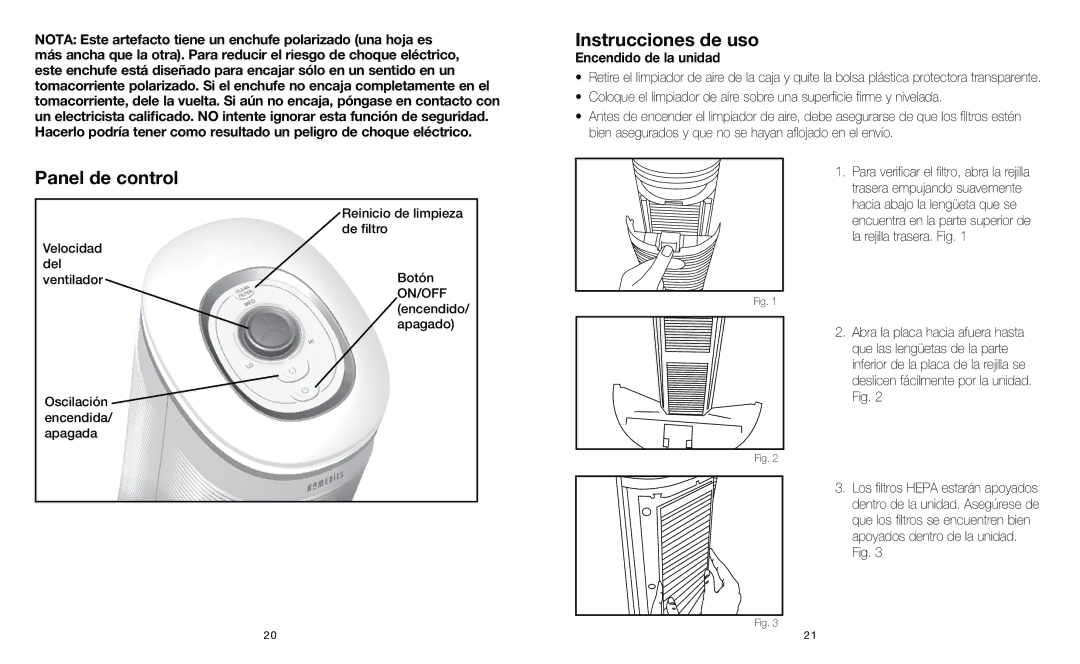 HoMedics AR-15 instruction manual Panel de control, Instrucciones de uso, Encendido de la unidad 