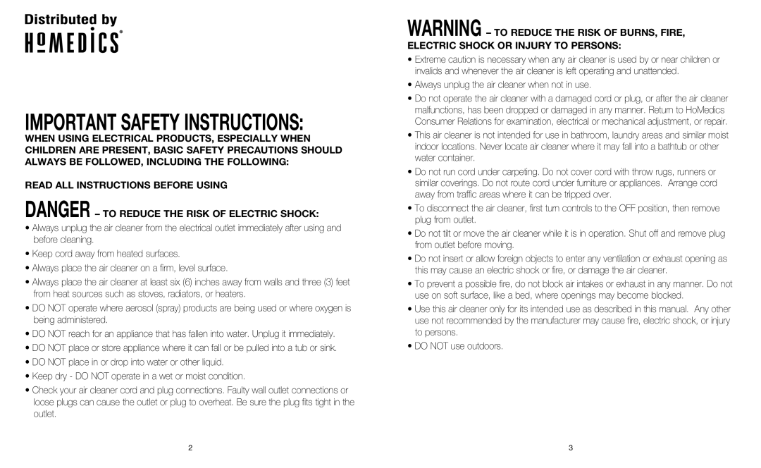 HoMedics AR-15 instruction manual Important Safety Instructions, Always unplug the air cleaner when not in use 