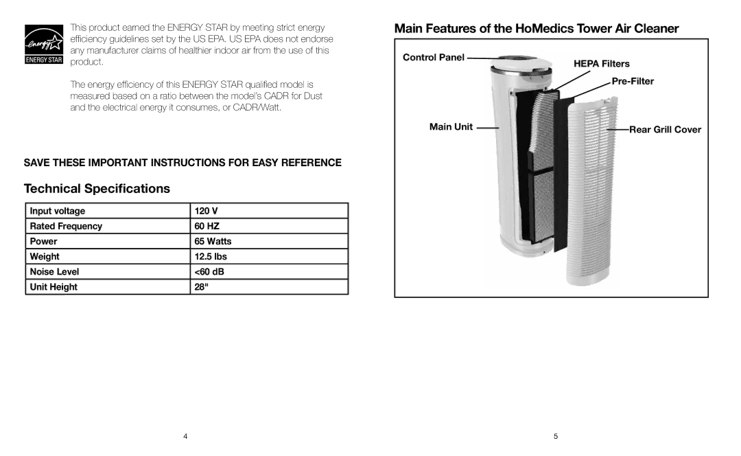 HoMedics AR-15 instruction manual Technical Specifications, Main Features of the HoMedics Tower Air Cleaner 