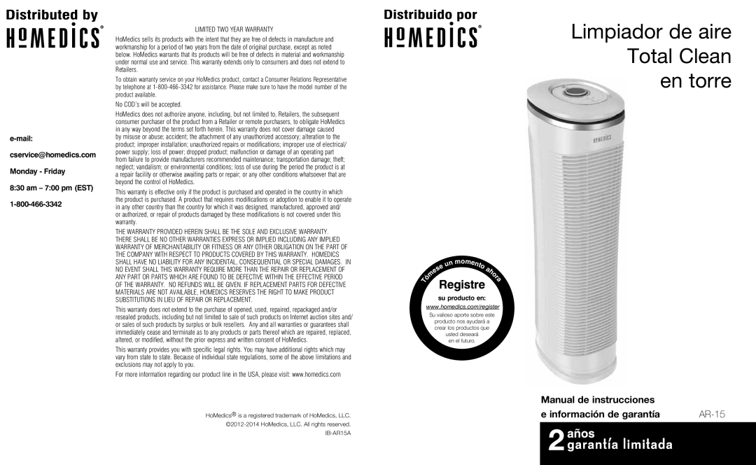 HoMedics AR-15 Manual de instrucciones Información de garantía, Mail Cservice@homedics.com Monday Friday Am 700 pm EST 