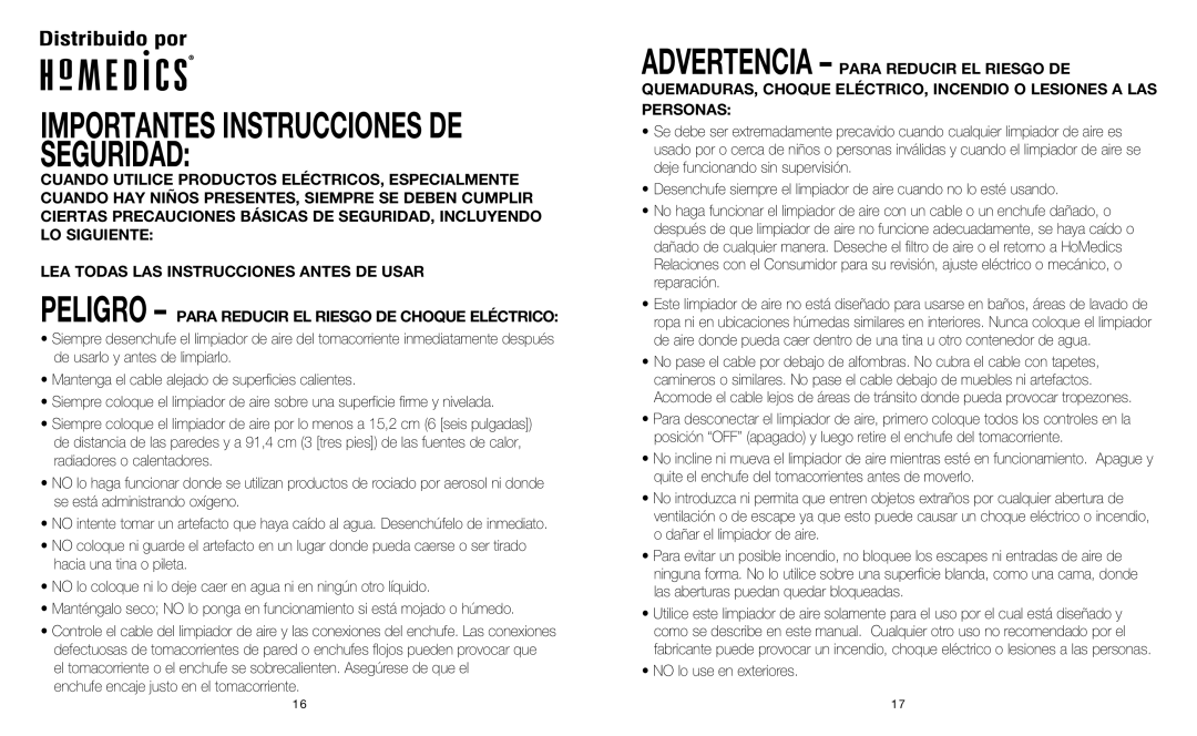 HoMedics AR-15 instruction manual Enchufe encaje justo en el tomacorriente, No lo use en exteriores 