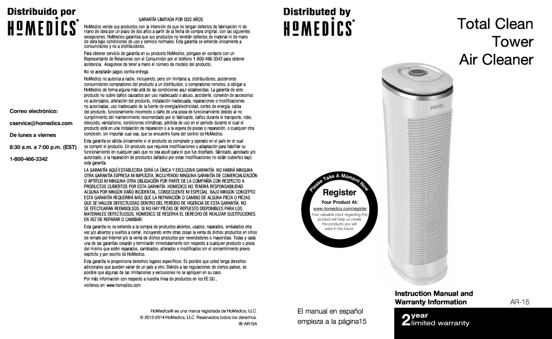 HoMedics AR-15 instruction manual Total Clean Tower Air Cleaner, Register, De lunes a viernes 8 30 a.m. a 7 00 p.m. EST 