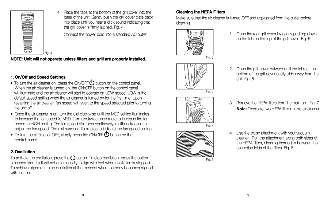 HoMedics AR-15 instruction manual 1. On/Off and Speed Settings, Oscillation, Cleaning the HEPA Filters 
