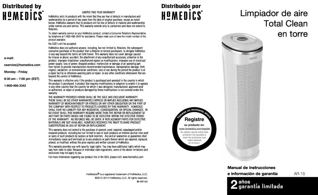 HoMedics AR-15 instruction manual Limpiador de aire Total Clean en torre, Registre, su producto en 