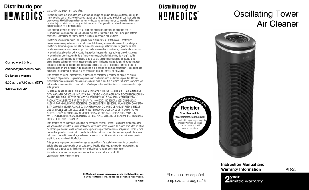 HoMedics AR-25 instruction manual Warranty Information, Garantía limitada por DOS años 