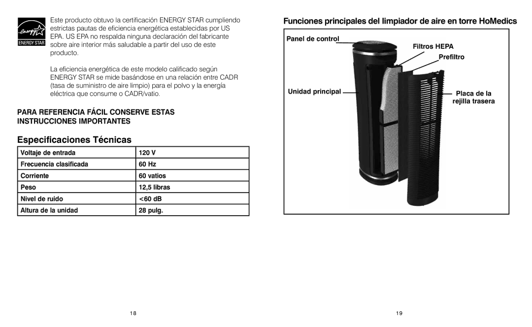 HoMedics AR-25 instruction manual Especificaciones Técnicas 