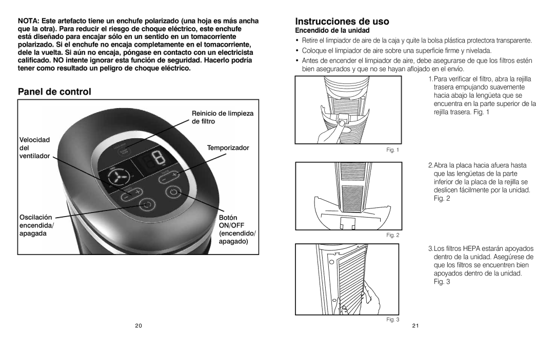 HoMedics AR-25 instruction manual Panel de control, Instrucciones de uso, Encendido de la unidad 