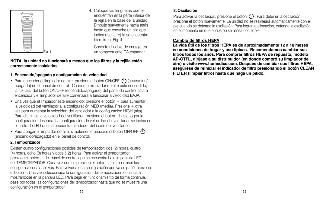 HoMedics AR-25 instruction manual Temporizador, Oscilación 