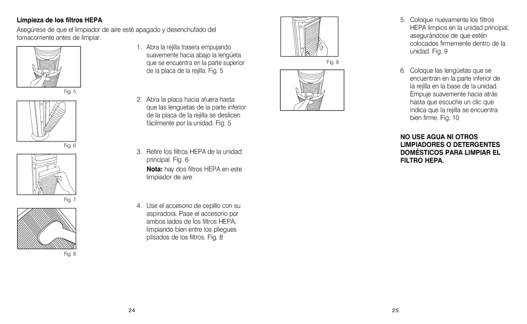 HoMedics AR-25 instruction manual Limpieza de los filtros Hepa 