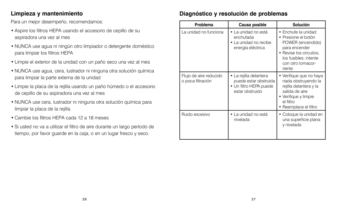 HoMedics AR-25 Limpieza y mantenimiento, Diagnóstico y resolución de problemas, Problema Causa posible Solución 