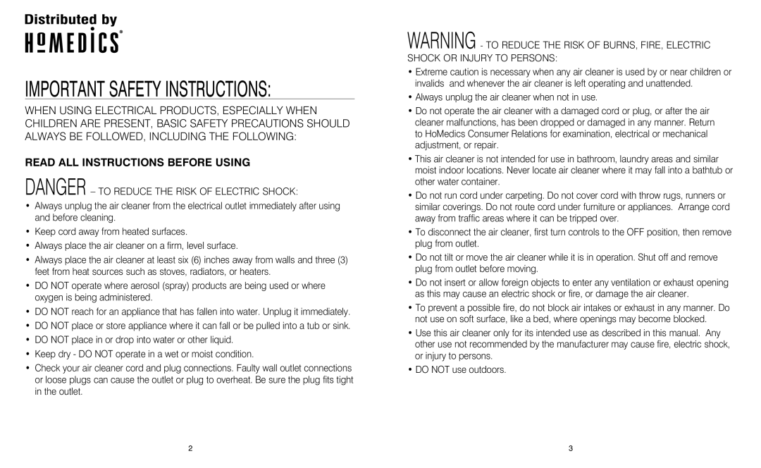 HoMedics AR-25 instruction manual Important Safety Instructions 