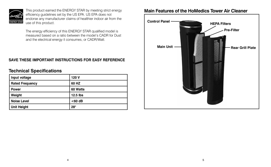 HoMedics AR-25 instruction manual Technical Specifications, Main Features of the HoMedics Tower Air Cleaner 