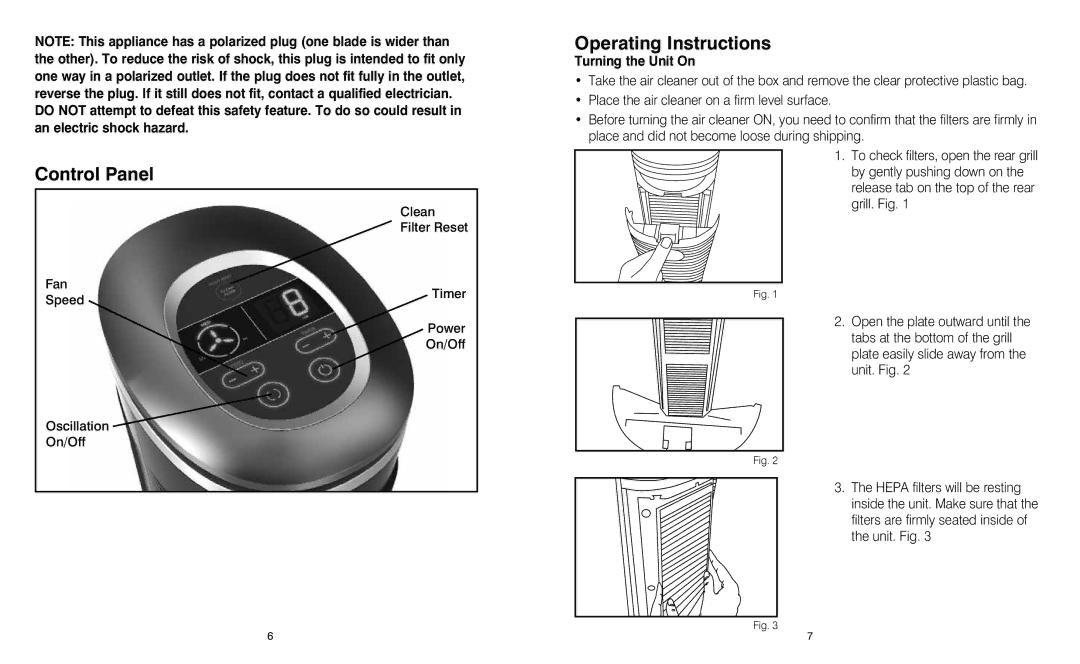 HoMedics AR-25 instruction manual Control Panel, Operating Instructions, Turning the Unit On 