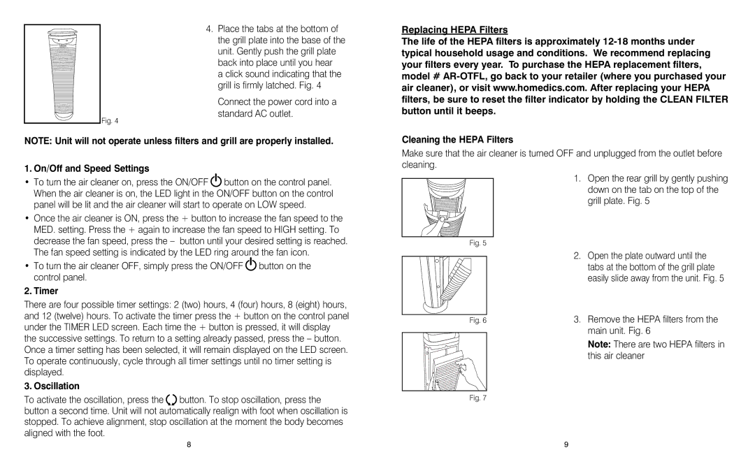 HoMedics AR-25 instruction manual On/Off and Speed Settings, Timer, Oscillation, Cleaning the Hepa Filters 