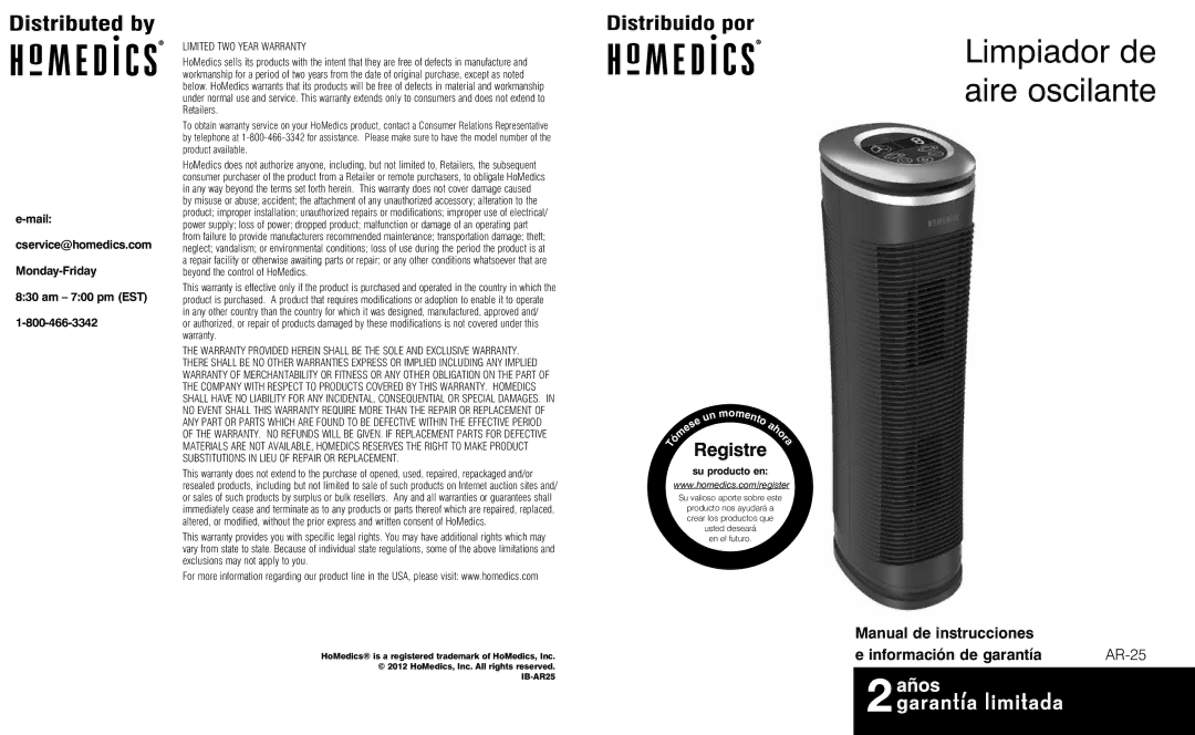 HoMedics AR-25 Manual de instrucciones Información de garantía, Mail Cservice@homedics.com Monday-Friday Am 700 pm EST 