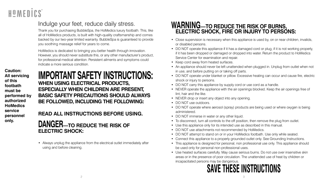 HoMedics BL-150 Importantsafety Instructions, Indulge your feet, reduce daily stress, Read ALL Instructions Before Using 