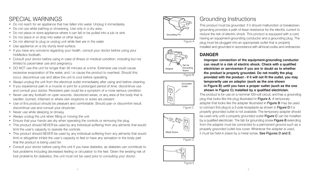 HoMedics BL-150 instruction manual Special Warnings, Grounding Instructions 