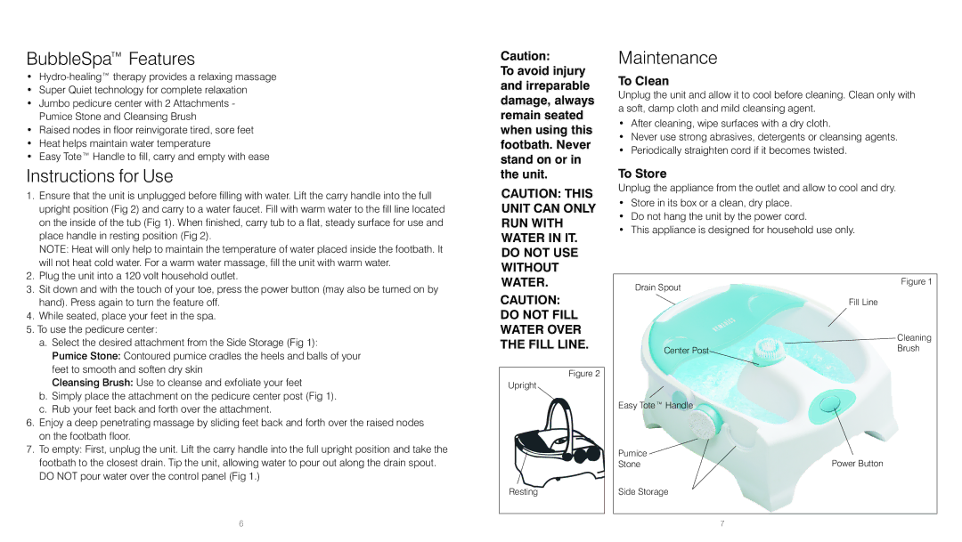 HoMedics BL-150 instruction manual BubbleSpa Features, Instructions for Use, Maintenance, To Clean, To Store 