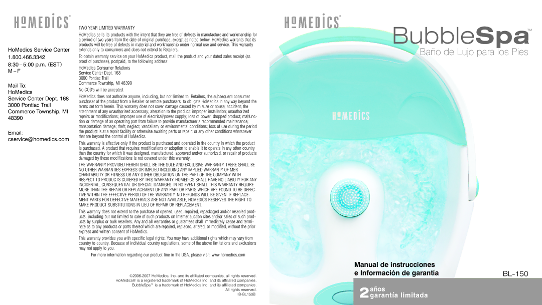 HoMedics instruction manual Manual de instrucciones Información de garantía BL-150, TWO Year Limited Warranty 