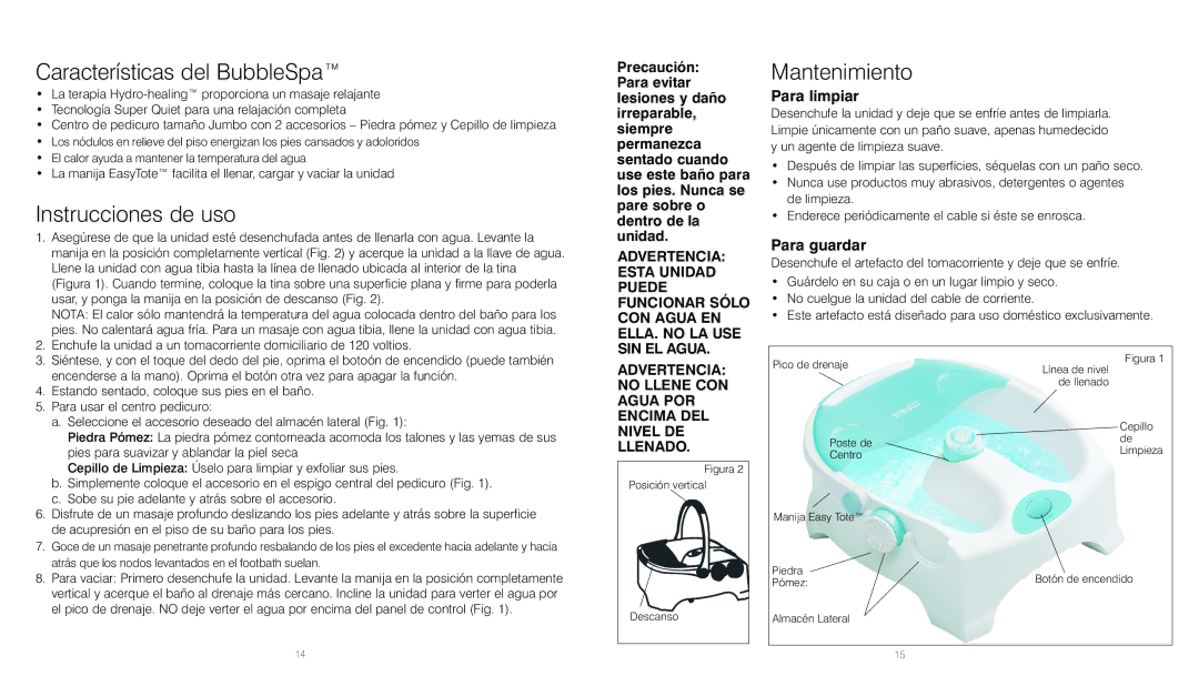 HoMedics BL-150 Características del BubbleSpa, Instrucciones de uso, Mantenimiento, Para limpiar, Para guardar 