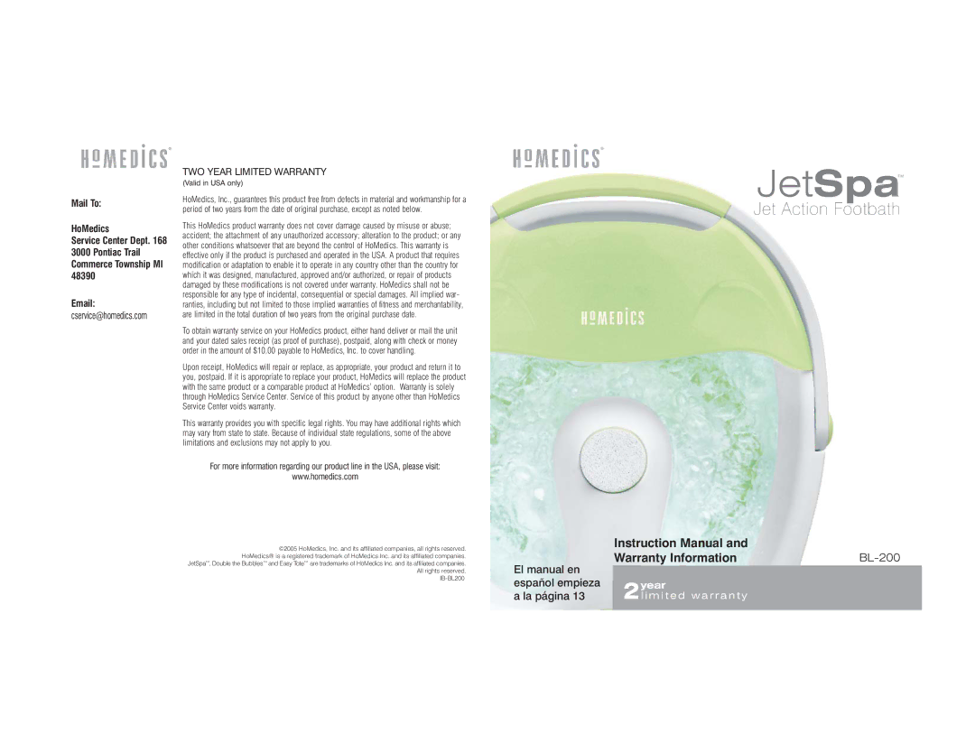 HoMedics BL-200 instruction manual JetSpa 