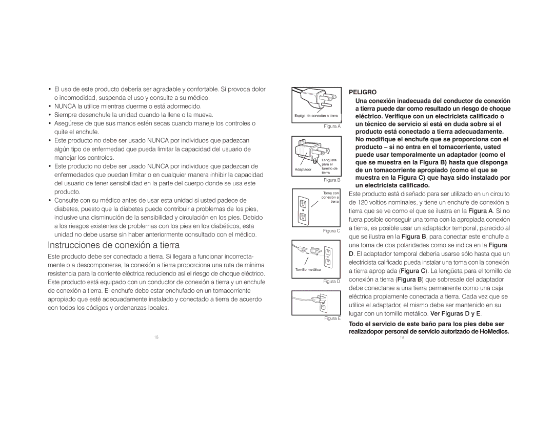 HoMedics BL-200 instruction manual Instrucciones de conexión a tierra, Peligro 