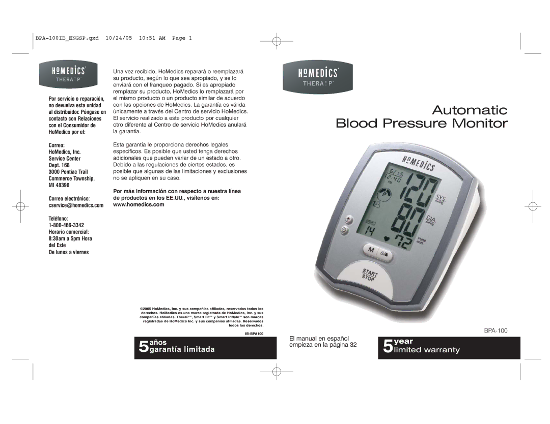 HoMedics BPA-100 manual Automatic Blood Pressure Monitor 