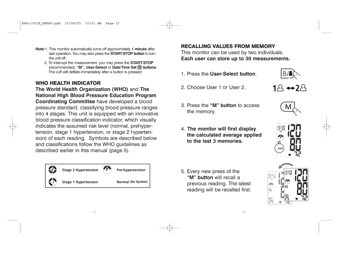 HoMedics BPA-100 manual WHO Health Indicator, Recalling Values from Memory 