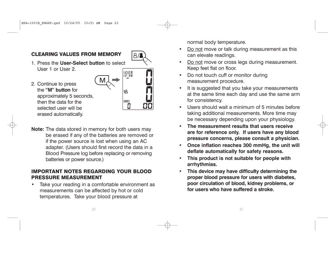 HoMedics BPA-100 manual Clearing Values from Memory, Important Notes Regarding Your Blood Pressure Measurement 