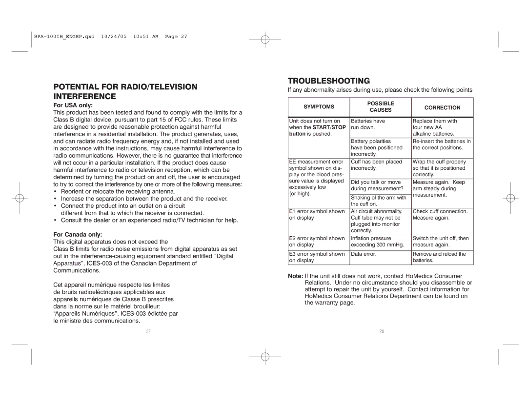 HoMedics BPA-100 manual Potential for RADIO/TELEVISION Interference, Troubleshooting 