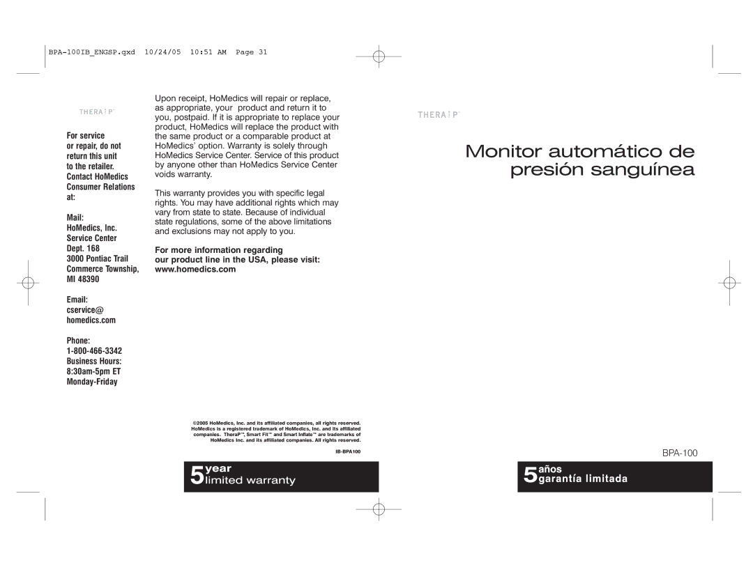 HoMedics BPA-100 manual Monitor automático de presión sanguínea 